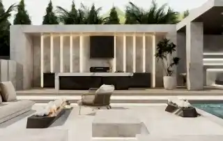 Açık hava mutfağı ve barbekü alanı, modern mermer detaylar ve sıcak aydınlatma