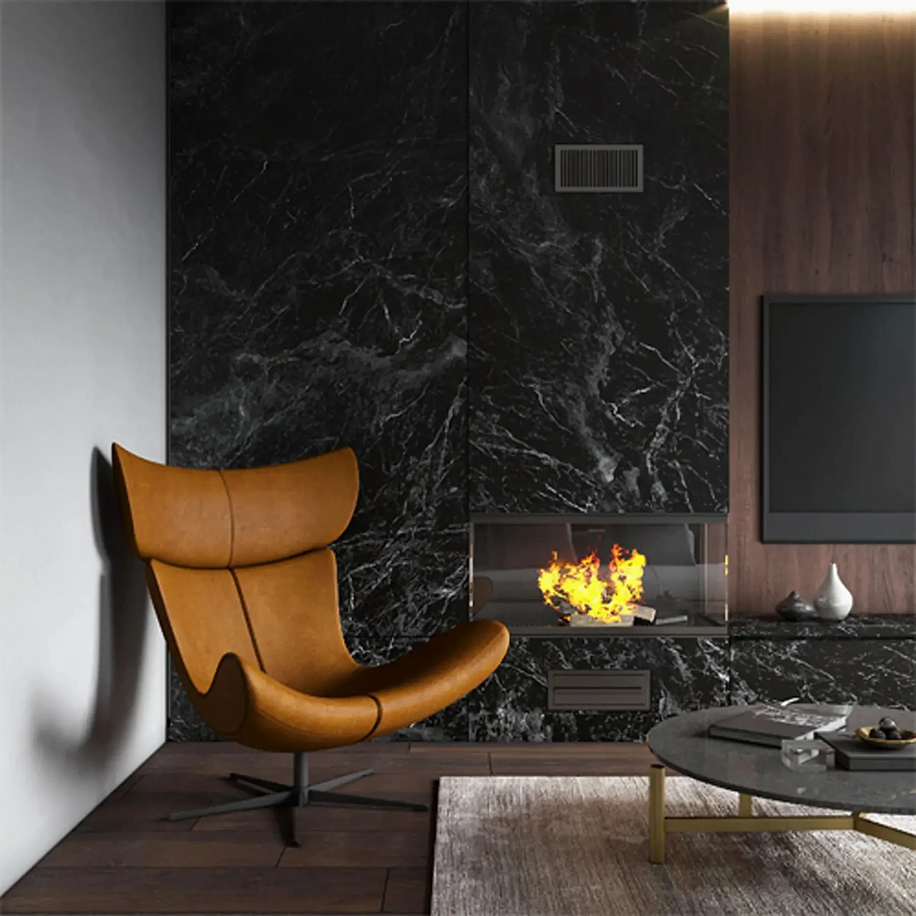 Modern TV ünitesi ve şömine kombinasyonu