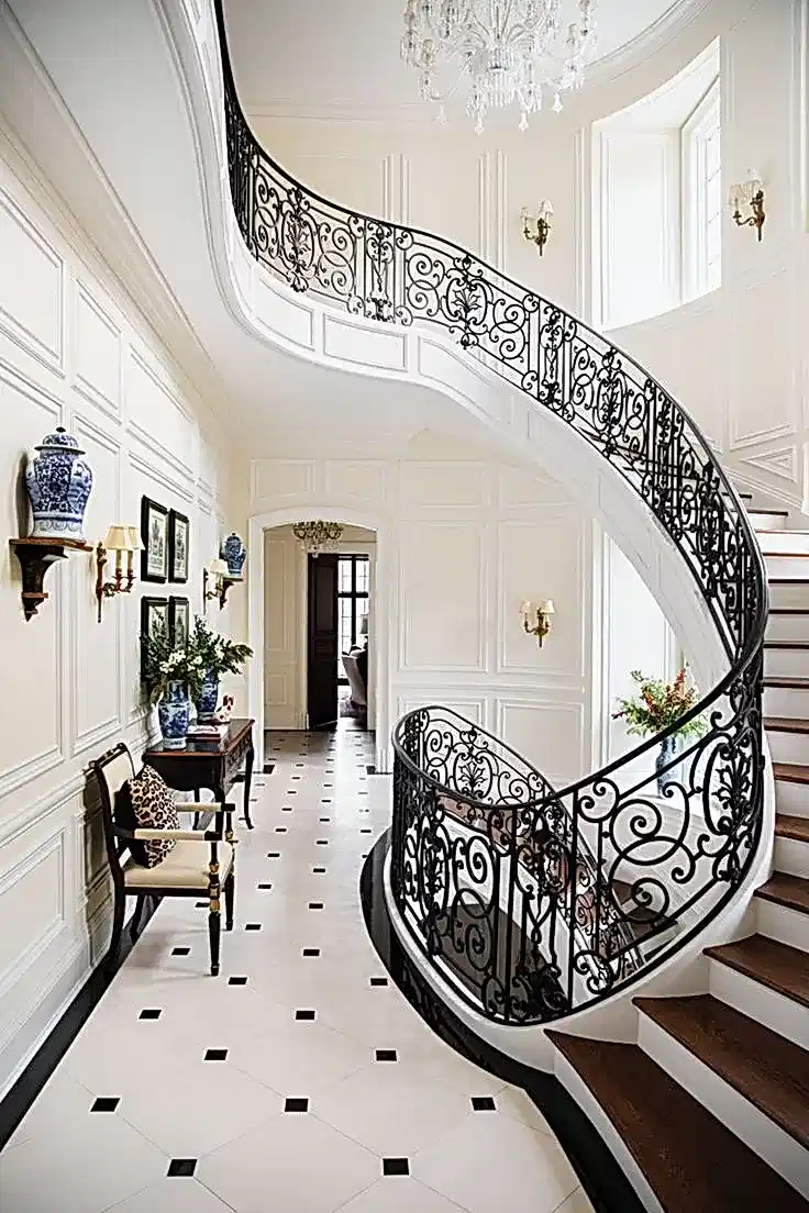 Köşeli desenli bordür ve siyah süslemeli zarif merdivenli giriş holü tasarımı