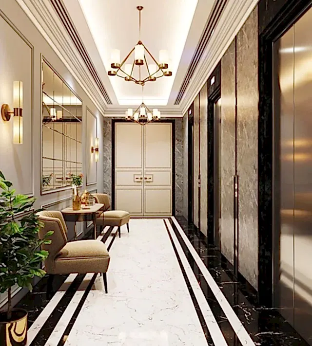 Gold ve siyah damarlı parlak mermer koridor zemini, lüks iç mekan tasarımı