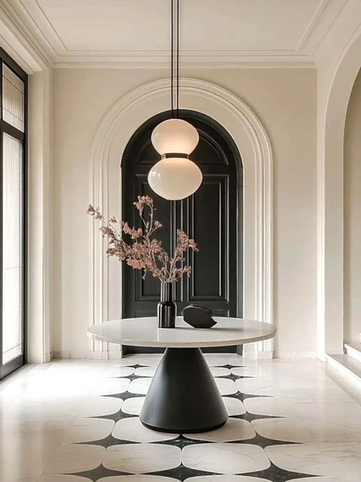 Modern tasarımlı alanda dairesel desenli bordürle çerçevelenmiş mermer zemin