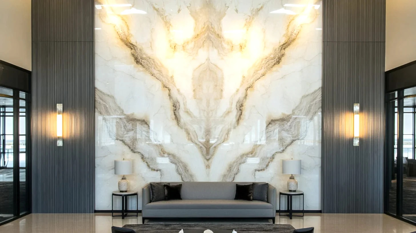 Bookmatch desenli mermer duvar kaplamasıyla tasarlanmış modern oturma alanı