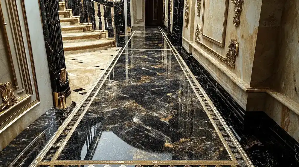 Gold ve siyah damarlı parlak mermer koridor zemini, lüks iç mekan tasarımı
